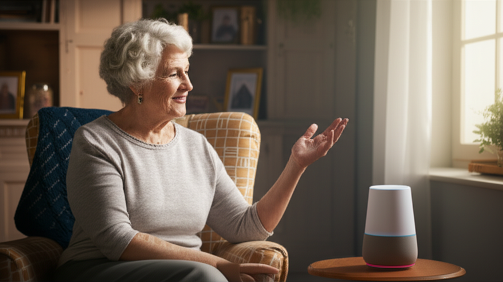 Persona mayor sonriente interactuando con AITONA.AI en un ambiente hogareño y acogedor