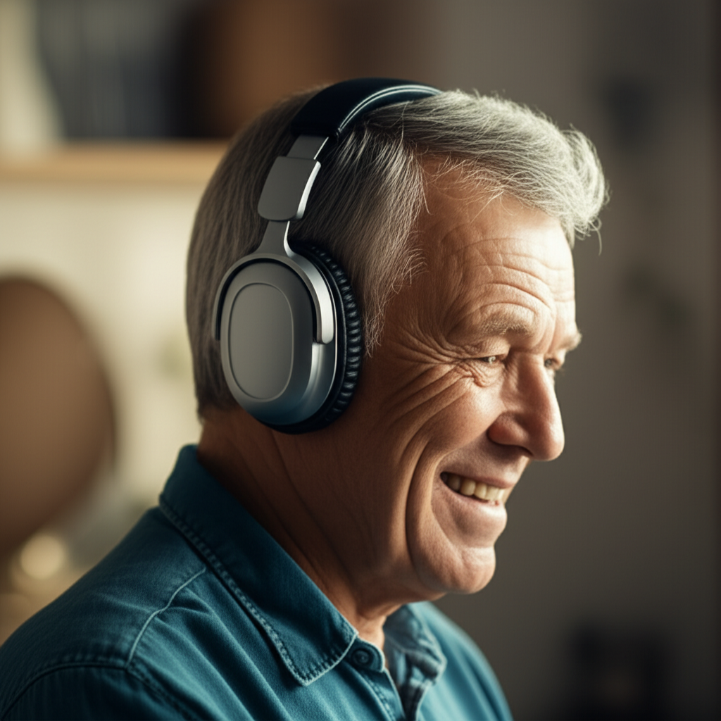 Persona mayor disfrutando de Radio AITONA con auriculares, sonriendo mientras escucha música